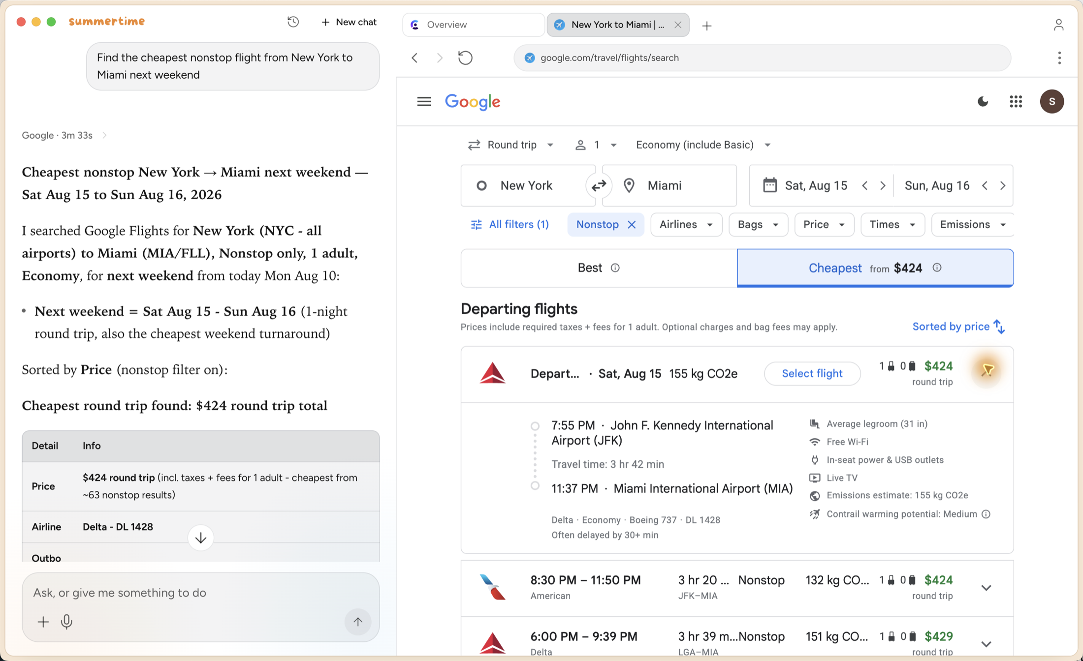 summertime finding the cheapest nonstop flight — the chat with the answer on the left, its own browser on Google Flights on the right